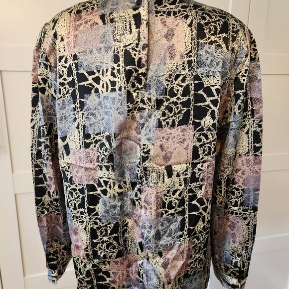 vintage silky blouse black gold silky blouse turtle neck pleated abstract size 8 - Picture 5 of 10
